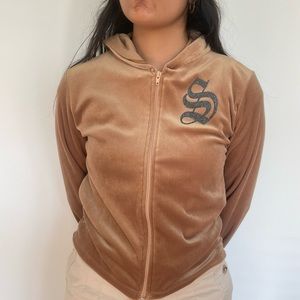 Gold Y2K Velour Track Jacket  with Hood Size M